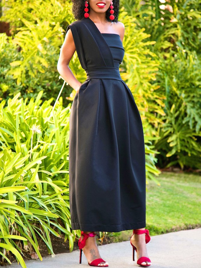 One Shoulder Skinny Plain Elegant Maxi Dress