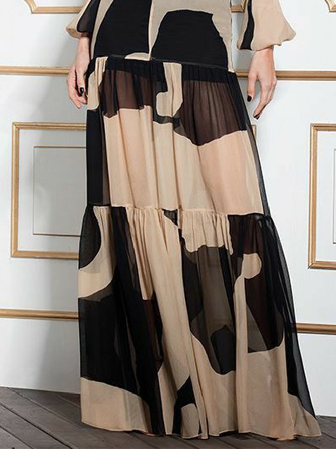 Elegant Long Sleeve Abstract Regular Fit V Neck Maxi Dress