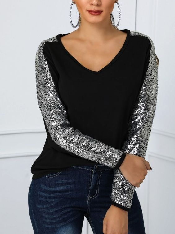 Solid V Neck Casual Loosen Long Sleeve Top