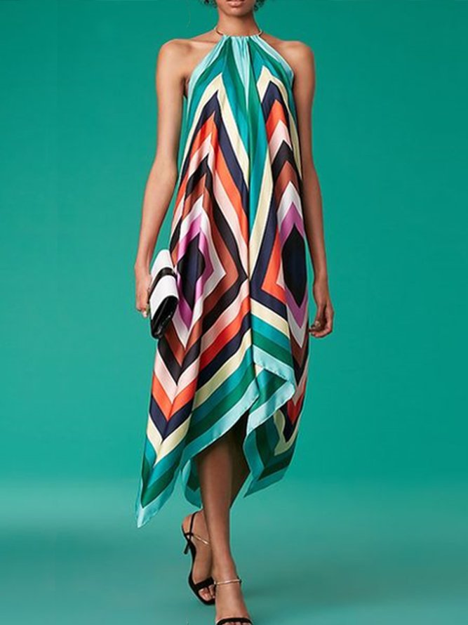 Vacation Geometric Halter Color Block  Sleeveless Dress
