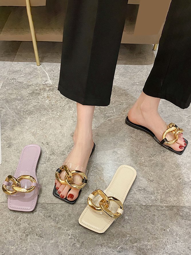 Gold Large Chain Transparent Strap Square Toe Slippers