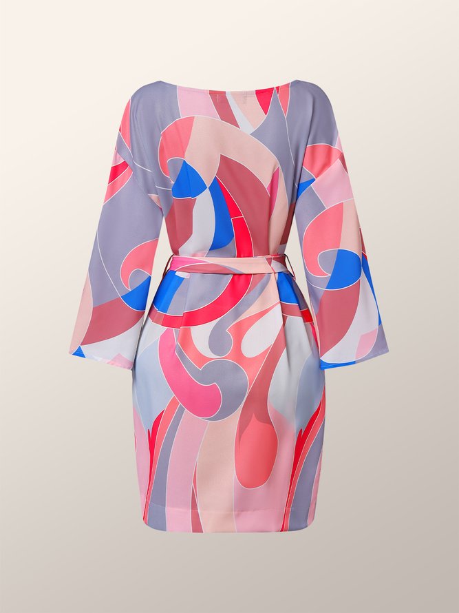 Round Neck Vacation Regular Fit Abstract Print Belted Dress