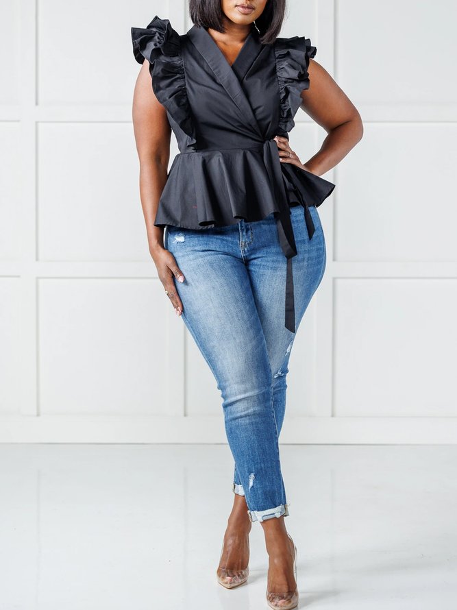 V Neck Frill Sleeve Simple  Top With Belt