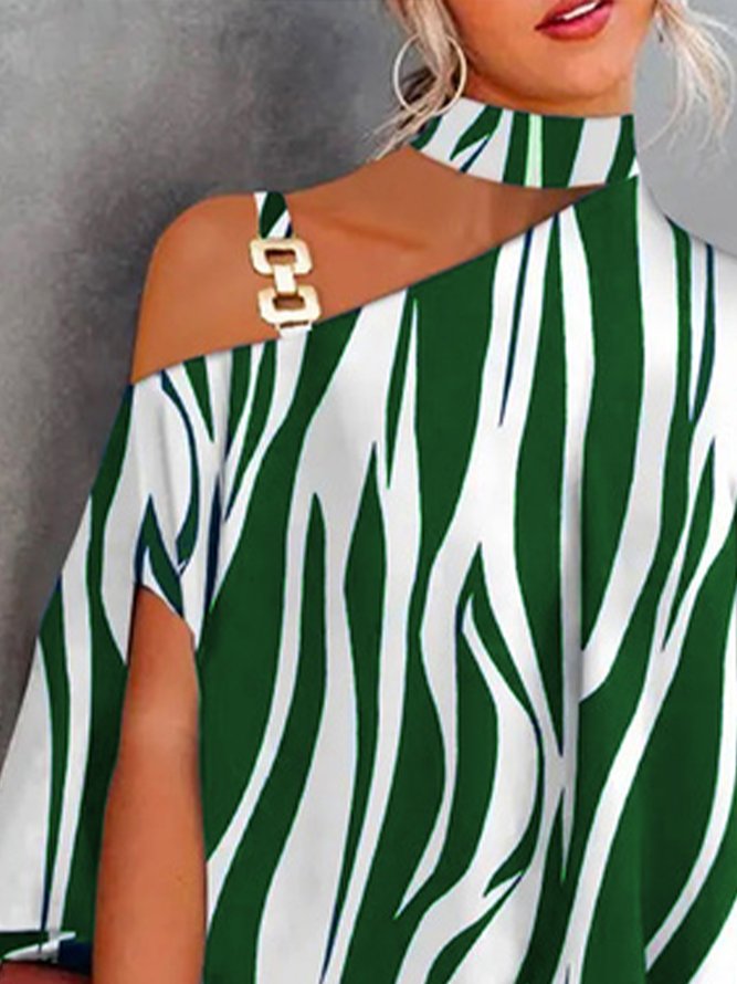 Elegant  Striped  Off The Shoulder Printed Short Sleeve Top
