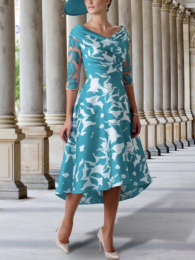 Elegant Floral Half Sleeve Regular Fit Midi Dress