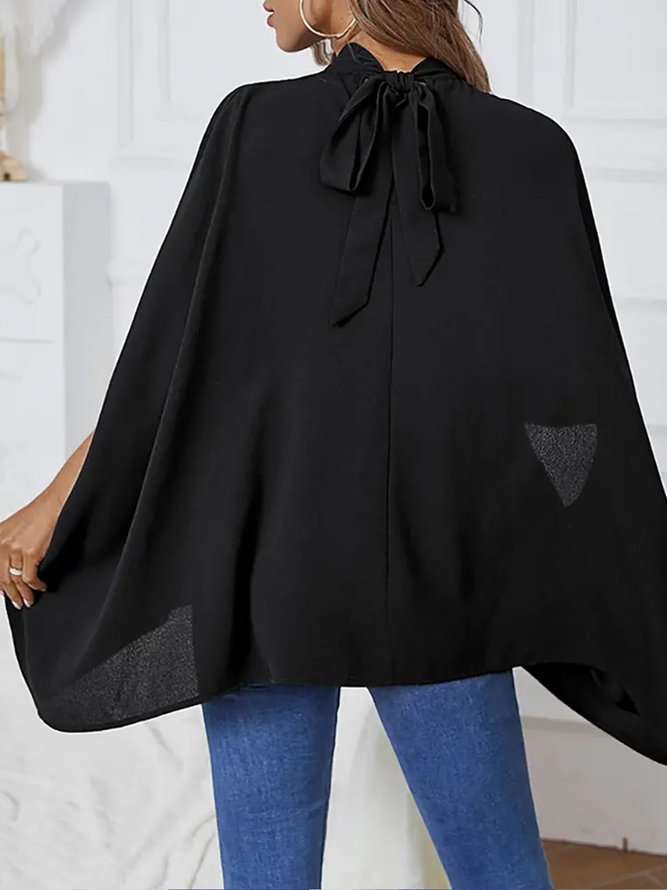 Black Batwing Sleeve Loose Stand Collar Elegant Plain Top