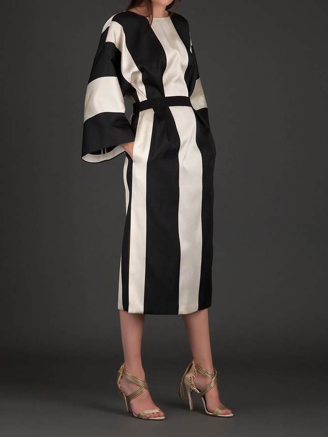 Autumn Crew Neck Long sleeve H-Line Elegant Striped Dresses
