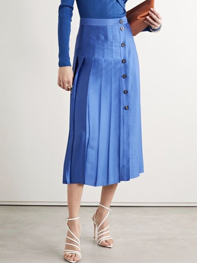 Elegant Plain Buttoned Pleated Skirt
