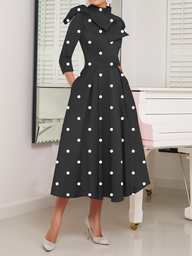 Polka Dots Regular Fit High Elasticity X-Line Stand Collar Elegant Dresses