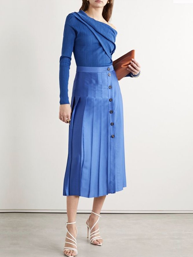 Elegant Plain Buttoned Pleated Skirt
