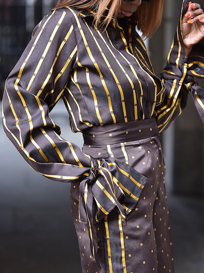 Striped Autumn Urban Loose Long sleeve Regular H-Line Regular Shirt Collar Blouse for Women