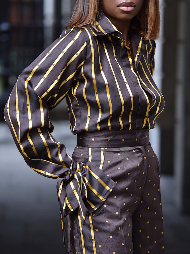 Striped Autumn Urban Loose Long sleeve Regular H-Line Regular Shirt Collar Blouse for Women
