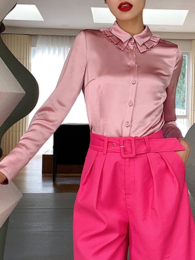Pink Daily Long sleeve Regular Fit Satin Plain Blouse