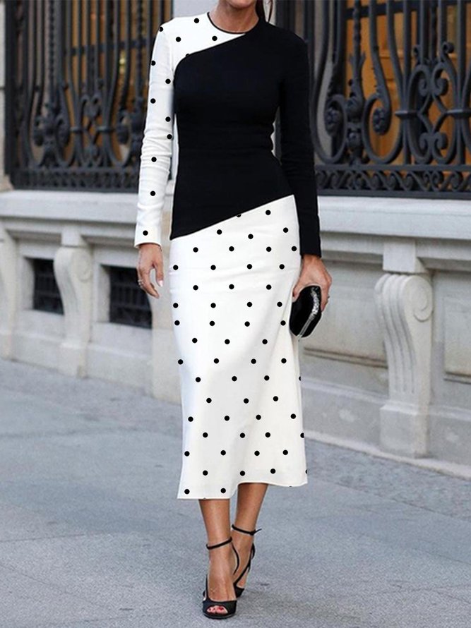 Elegant Long Sleeve Regular Fit Polka Dots Midi Dress