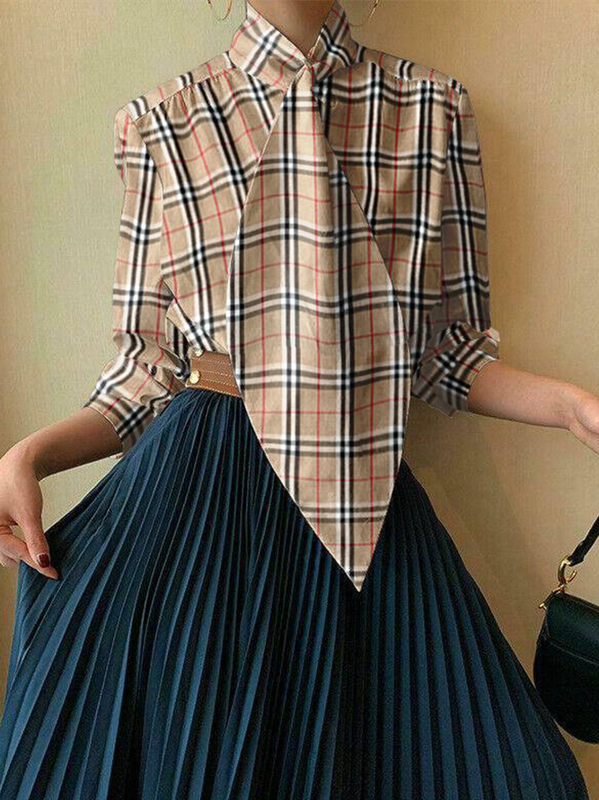 Loose Long sleeve H-Line Stand Collar Urban Plaid Blouse