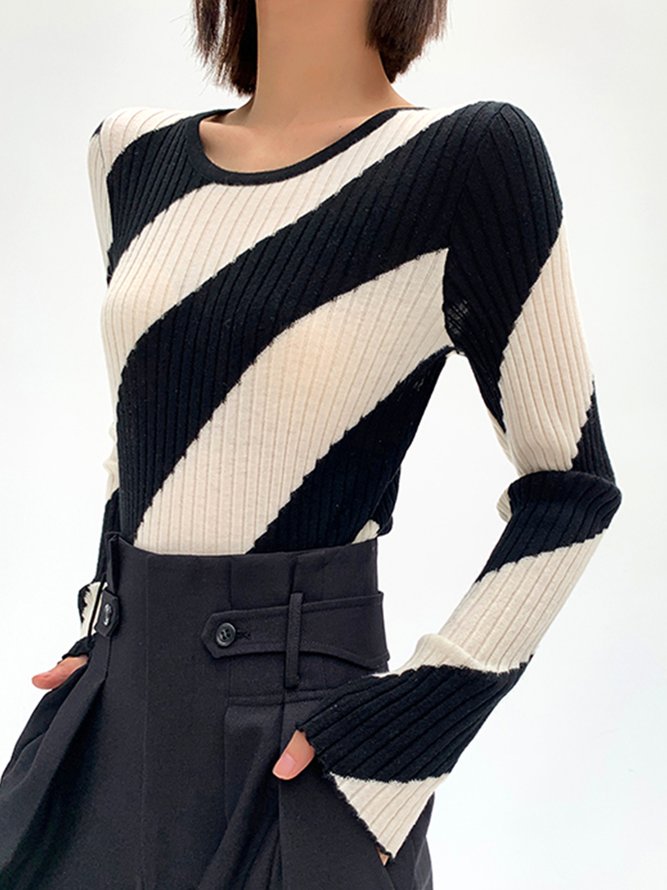 White Long sleeve Simple Striped Sweater