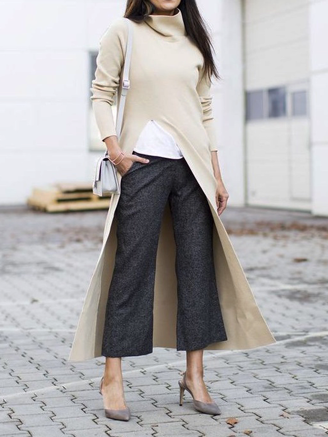 Women Plain Autumn Urban Polyester High Elasticity Loose Turtleneck Mid-long Regular Size Sweater