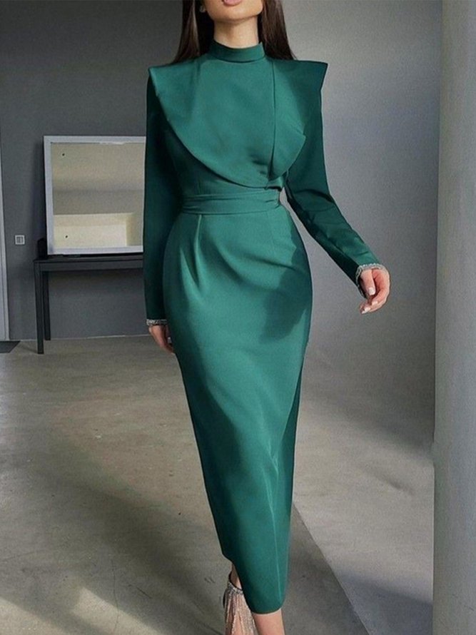 Regular Fit Stand Collar Plain Elegant Long Sleeve Maxi Dress