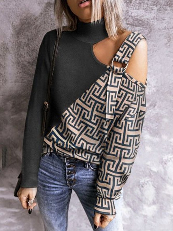 Geometric Autumn Urban Daily Long sleeve Turtleneck Regular H-Line Regular Sweater for Women