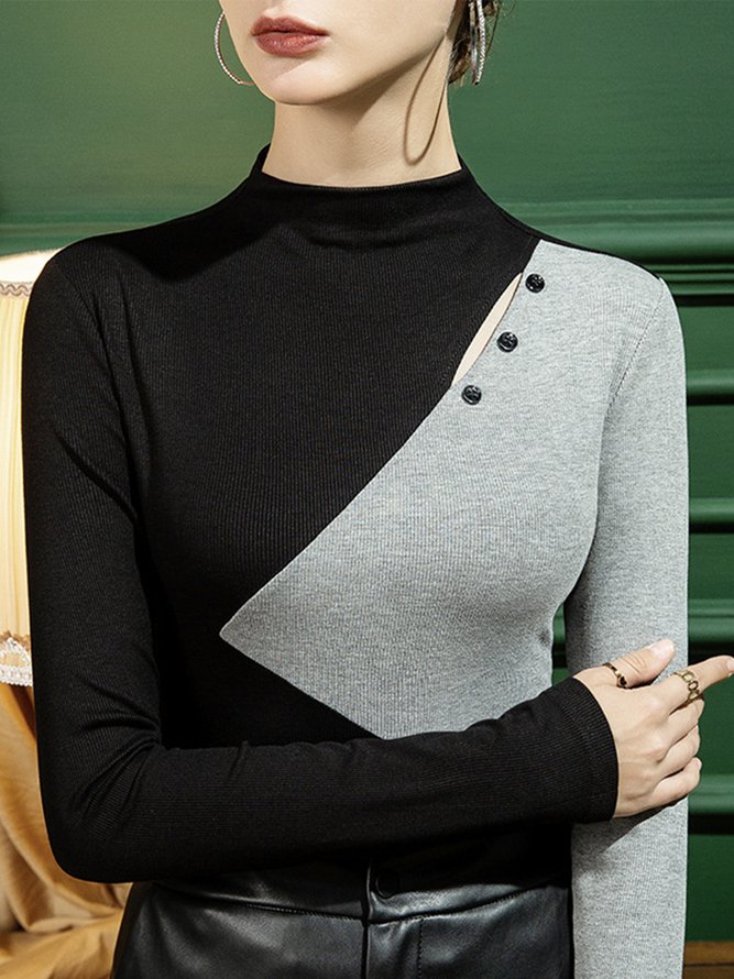 Simple Long Sleeve Color Block Turtleneck T-Shirt