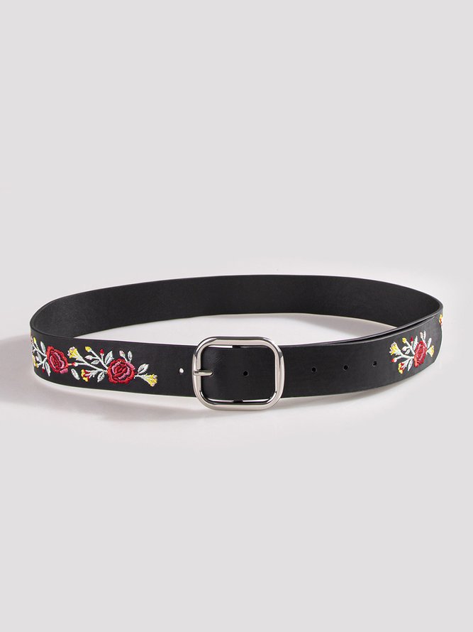 Colorful Embroidered Floral PU Black Women's Belt Commuter Daily Matching