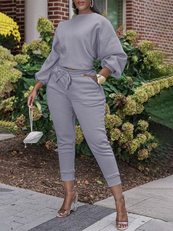 Daily Long sleeve Crew Neck Plain Two-Piece Set