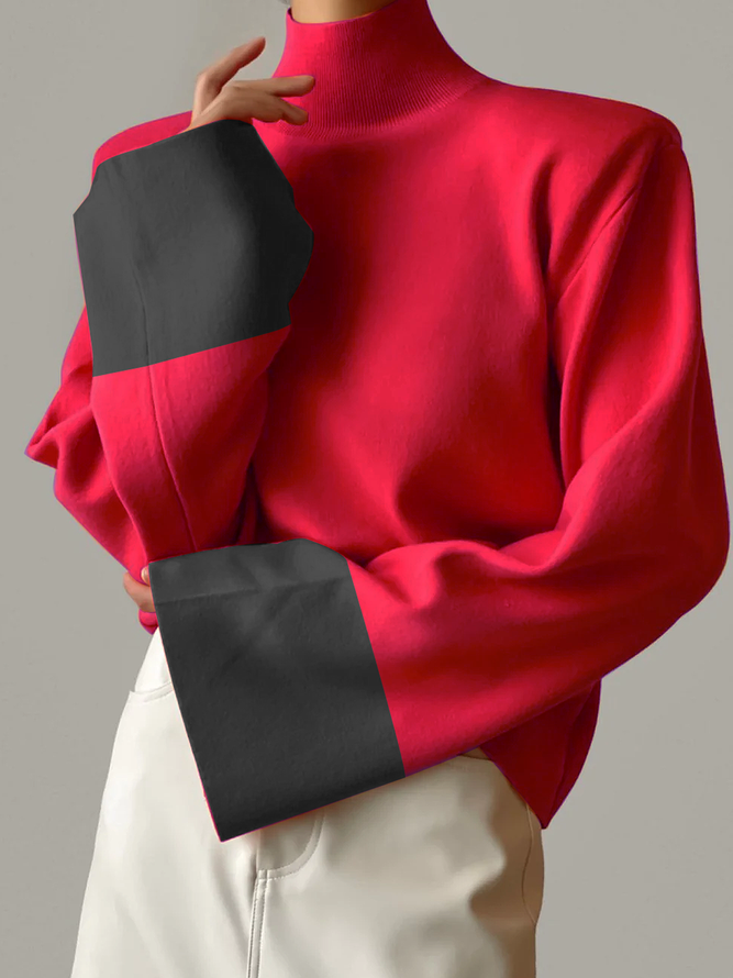 Loose Half Turtleneck Simple Color Block Long sleeve Sweater