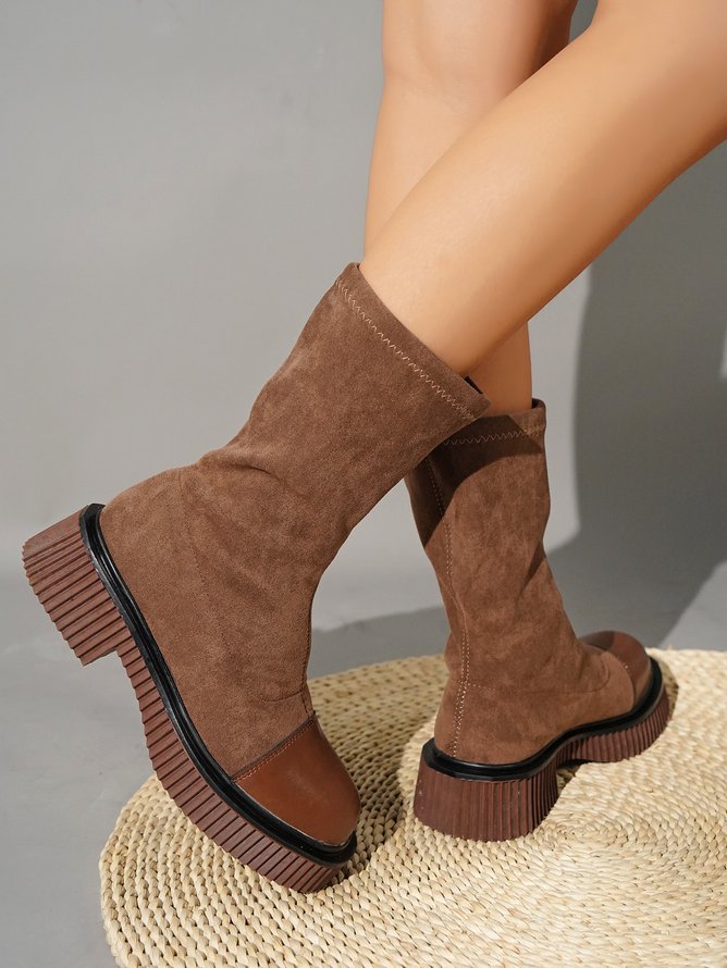 Suede Panel Chunky Heel Platform Sock Boots
