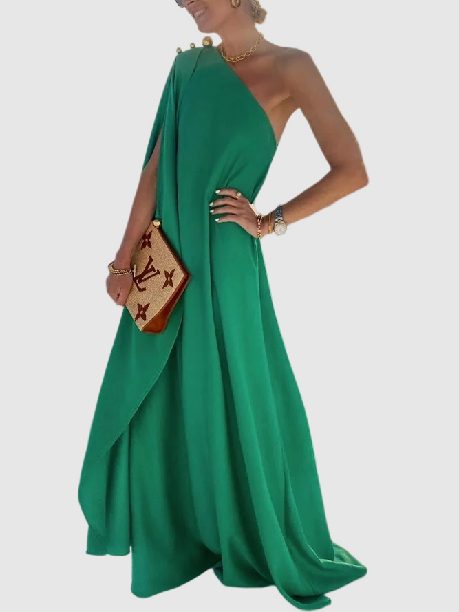 Elegant Cold Shoulder Loose Plain Maxi Dress