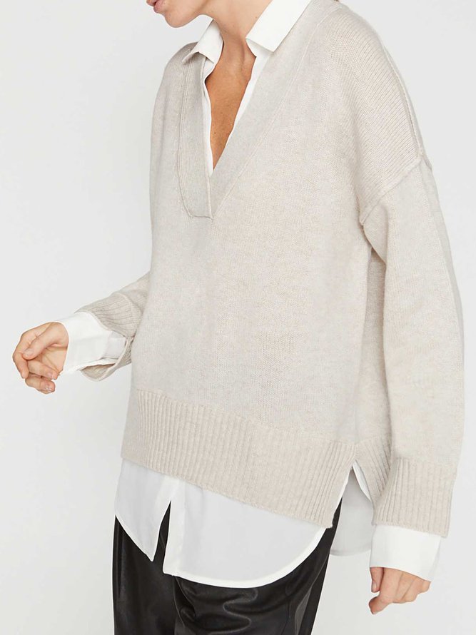 Casual Long Sleeve V Neck Plain Sweater