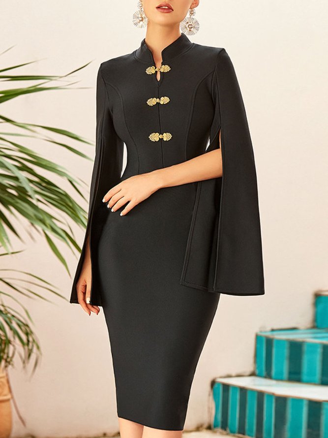 Split Sleeves Elegant Plain Stand Collar Midi Dress