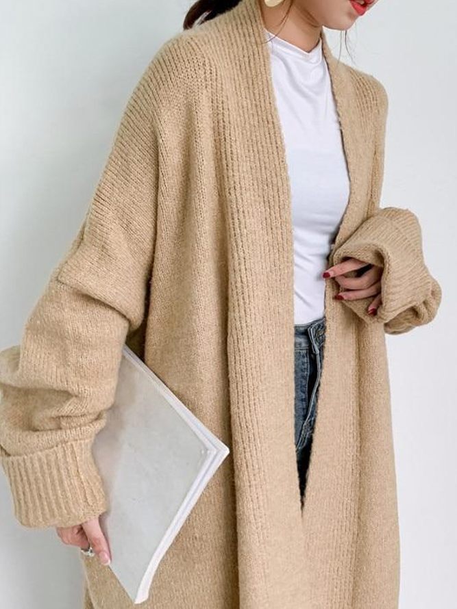 Plain V Neck Loose V neck Long sleeve Mid-long Sweater Coat