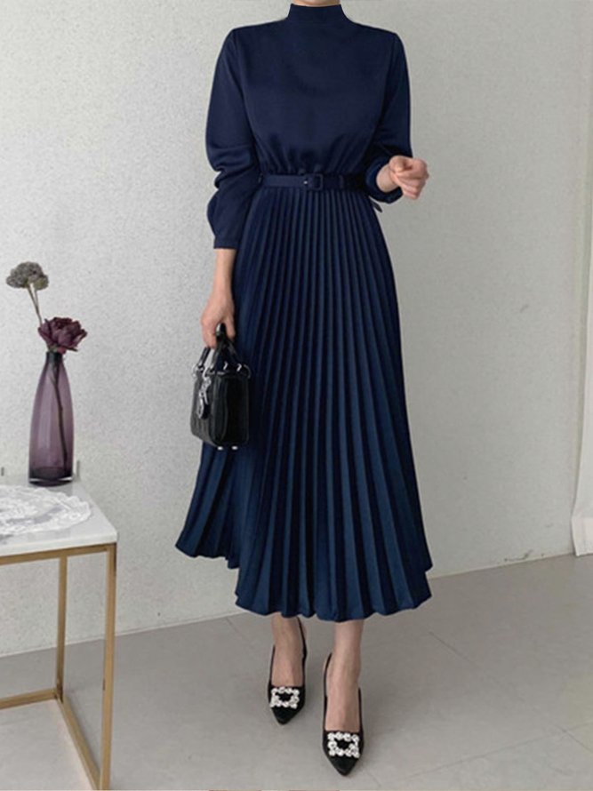 Daily Long sleeve Regular Fit Plain Stand Collar Dress stylewe