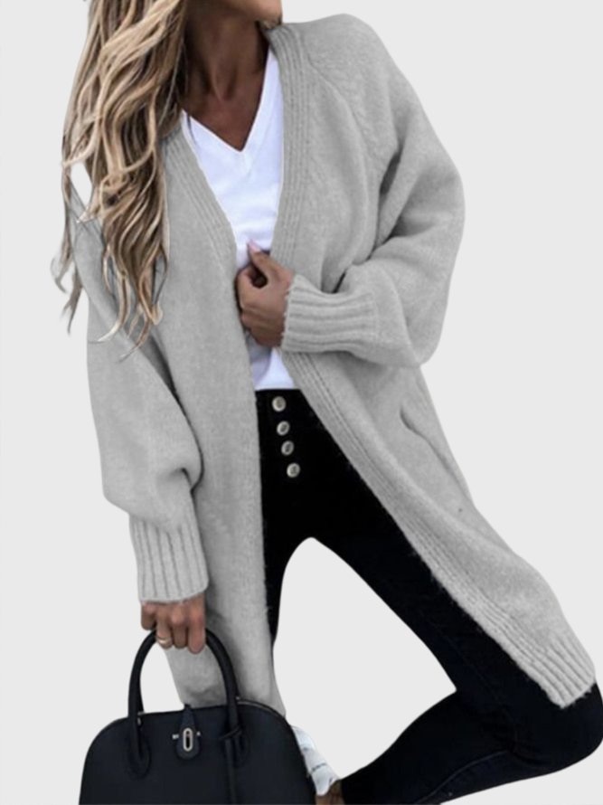 Solid Collarless Casual Long sleeve Sweater Coat
