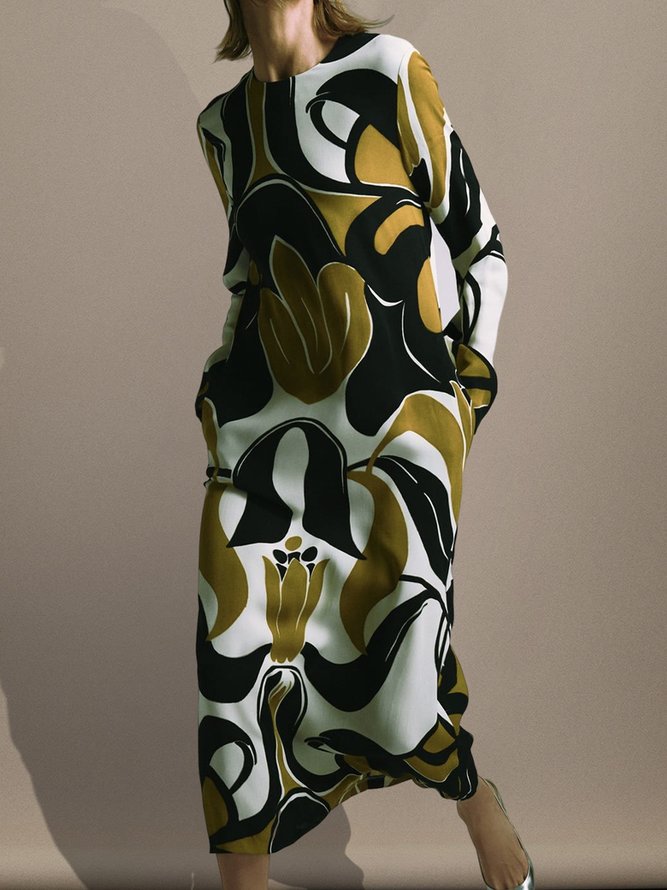 Long sleeve Abstract Urban Crew Neck Midi Dress