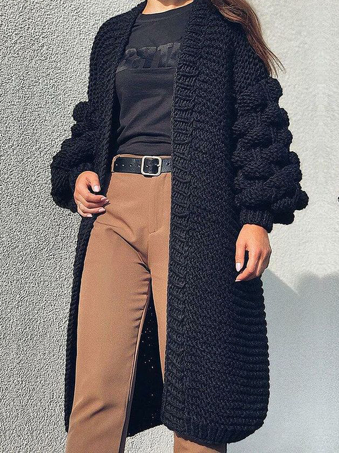 Loose Plain V Neck Long sleeve Mid-long Sweater Coat