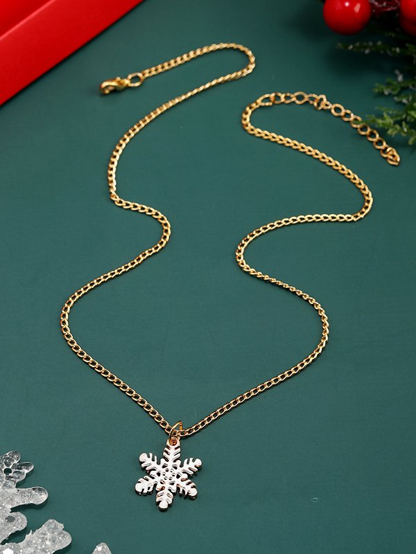 Christmas White Snowflake Pattern Gold Necklace Festive Party Costume Decoration Jewelry