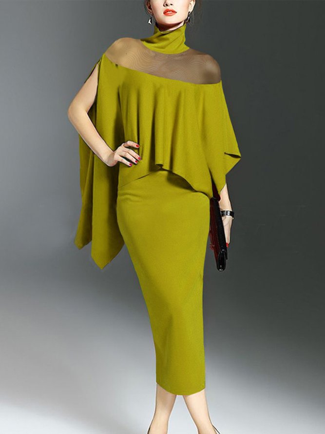 Elegant Regular Fit Plain Turtlenck Midi Dress