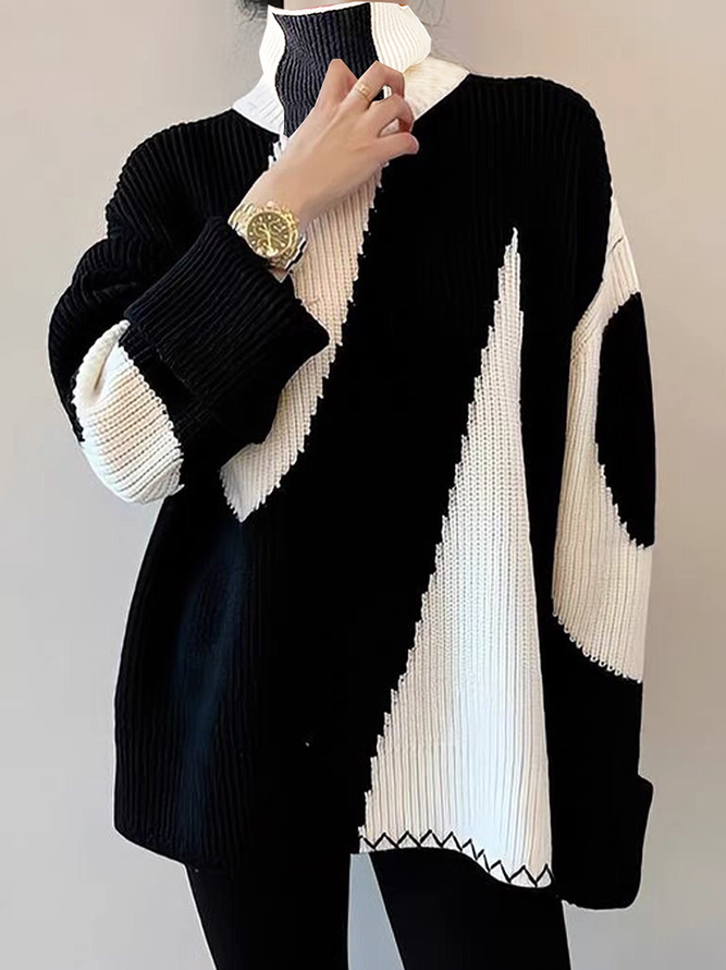 Micro-Elasticity Turtleneck Long sleeve Loose Color Block Sweater
