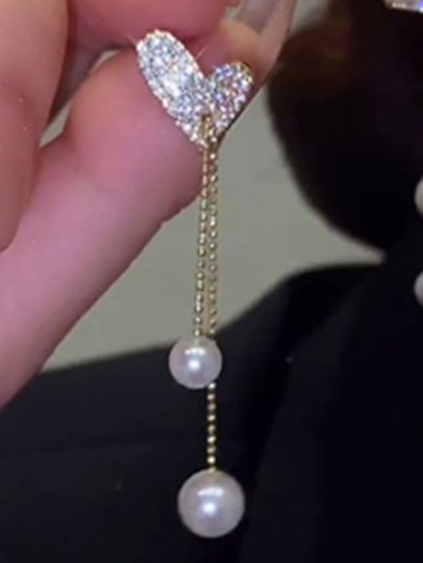 Banquet Party Gold Heart Diamond Pearl Pendant Earrings Elegant Jewelry