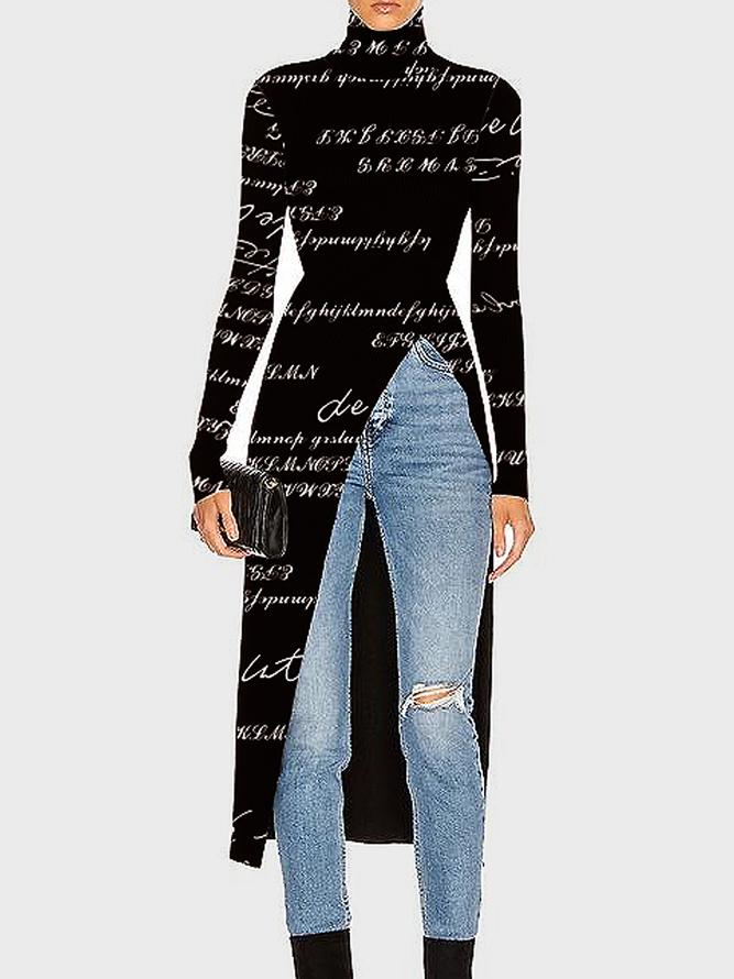 High Elasticity Turtleneck Long sleeve Tight Urban Text Letters Mid-long Top