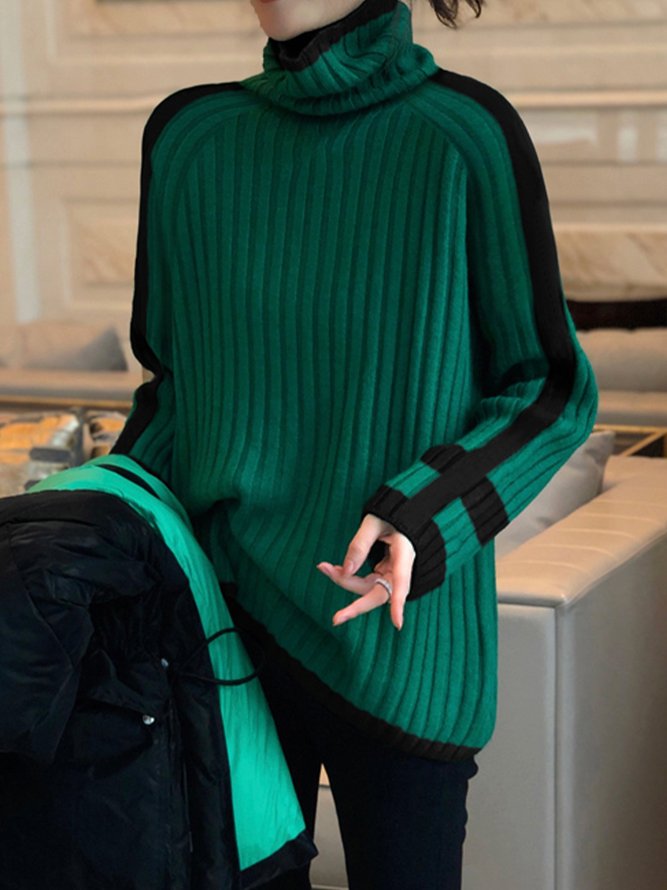 Long sleeve Color Block Turtleneck Simple Sweater