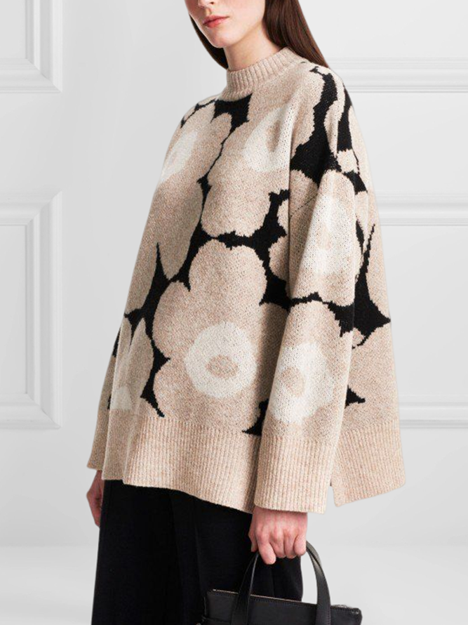 Crew Neck Wool/Knitting Floral Sweater