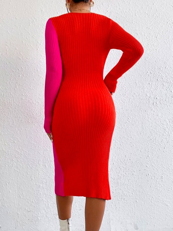 Elegant Color Block Tight Long Sleeve Midi Dress