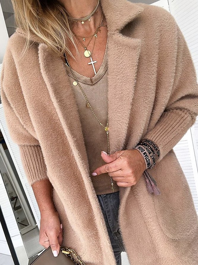 Long sleeve Plain Simple Lapel Collar Loose Sweater Coat