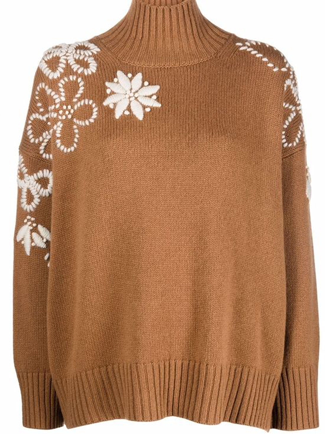 Elegant Turtleneck Wool/Knitting Floral Sweater