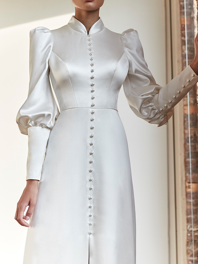 Regular Fit Plain Elegant  Stand Collar  Pattern: Long sleeve Long Party Dress