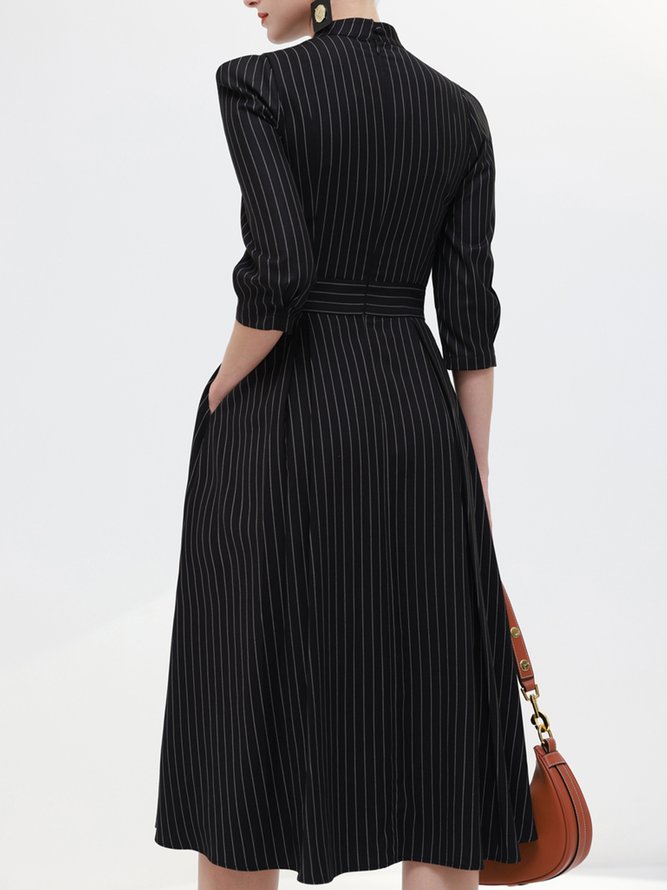 Elegant Striped Regular Fit Stand Collar Midi Dress
