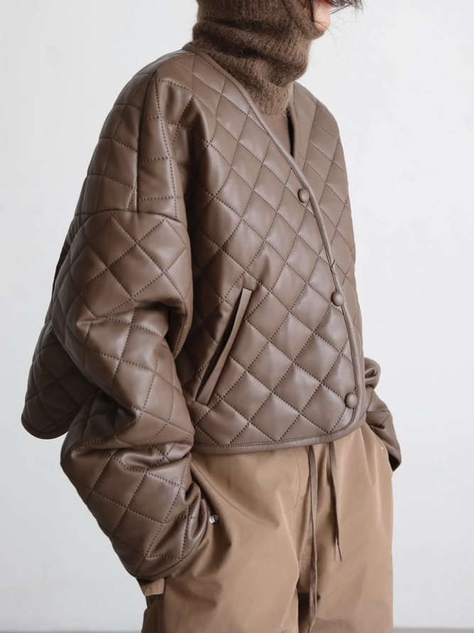 Urban Plain V Neck Long sleeve Loose Fleece Coat