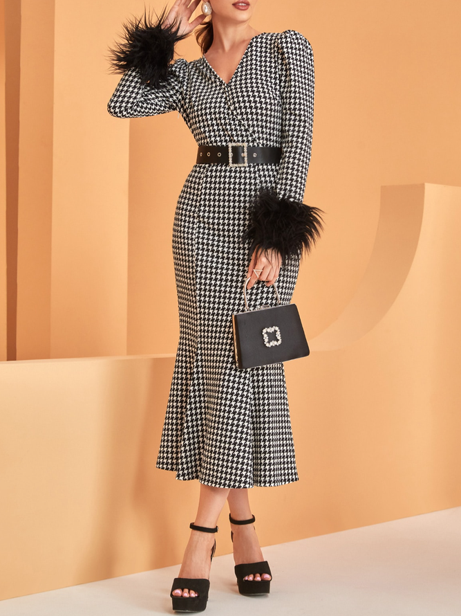 Houndstooth Print Fuzzy Cuff Puff Sleeve Dress With Bel